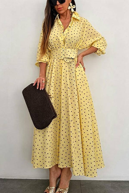 Ruby Color Blocked Polka Dot Print Belted Long Sleeve Pocket Shirt Maxi Dress