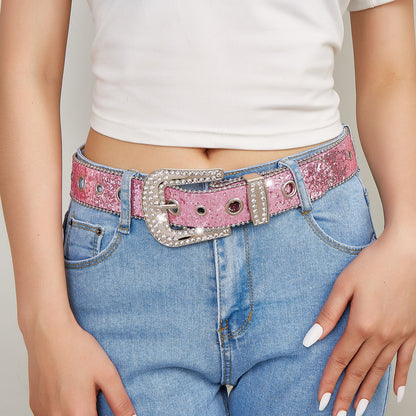 Rhinestone Sequin Wide Denim Belt