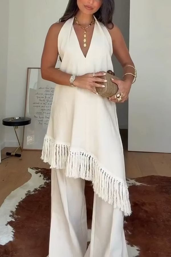 Kortnie Linen Blend Tassel Hem Halter A-line Top and High Rise Pocket Wide Leg Slit Pants Set