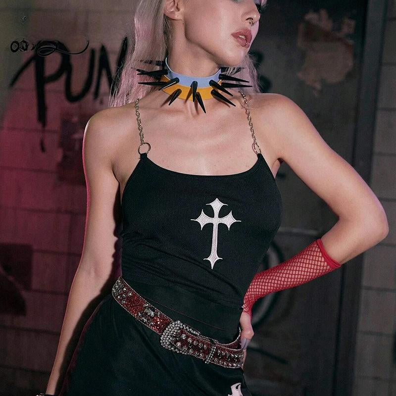 Mysterious Chain Black Cross Print Black Crop Top