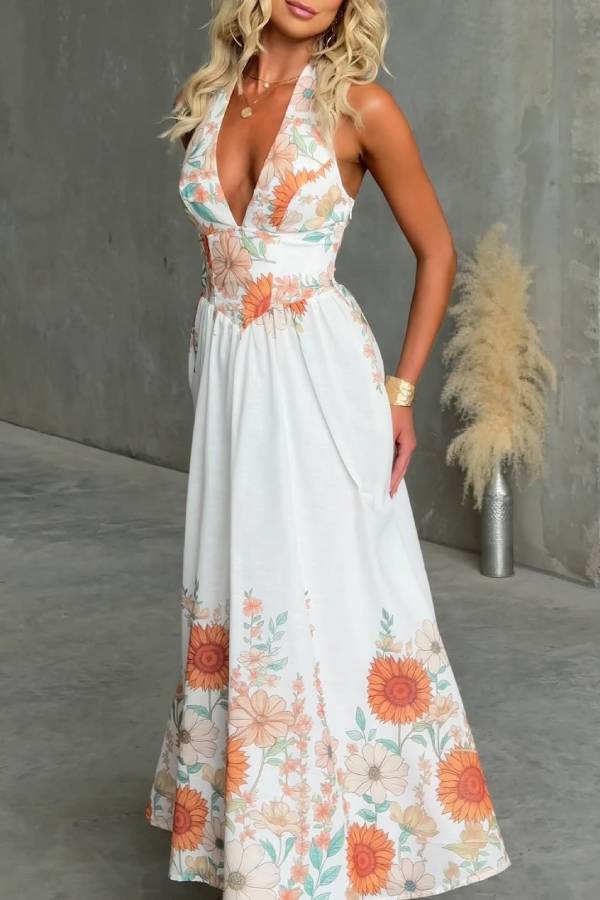 Sunflower Print Halter Backless Waist Tiered Maxi Dress
