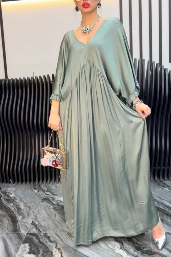 Satin V Neck Ruffle Lantern Sleeve Ruched Flowy Maxi Dress