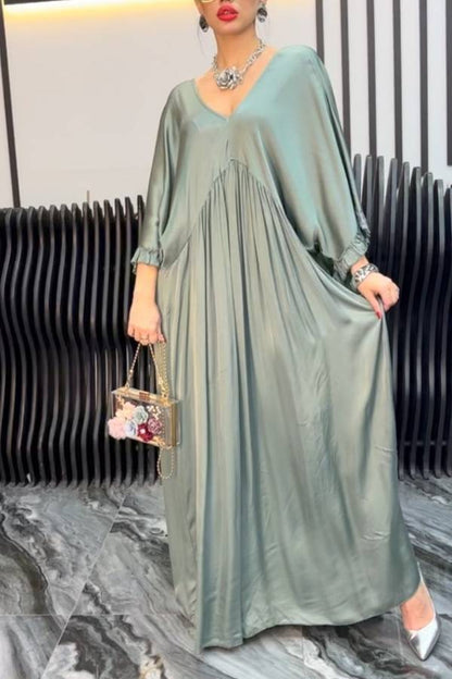 Satin V Neck Ruffle Lantern Sleeve Ruched Flowy Maxi Dress