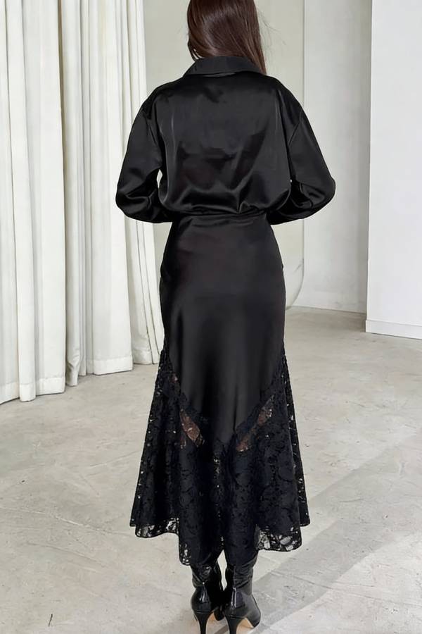 Solid Color Silk Satin and Lace Spliced elegant Maxi Skirt