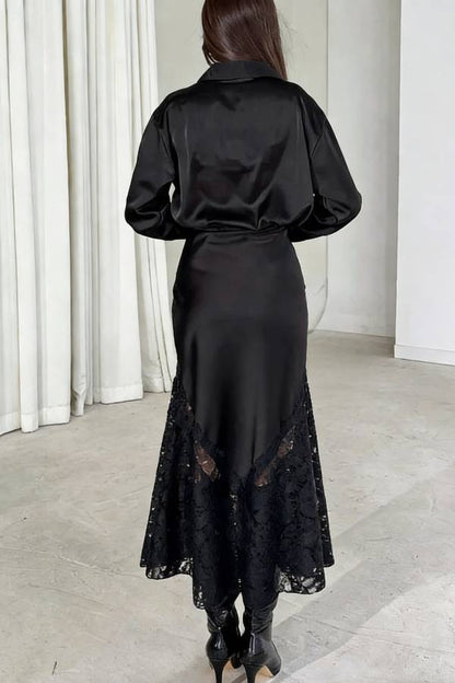 Solid Color Silk Satin and Lace Spliced elegant Maxi Skirt