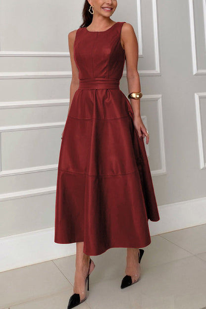Faux Leather Princess Seam Waist Belt Tiered A-Line Midi Dress
