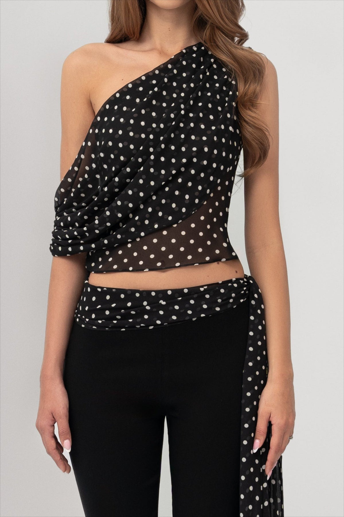 Polka Dot One Shoulder Sheer Chiffon Crop Top