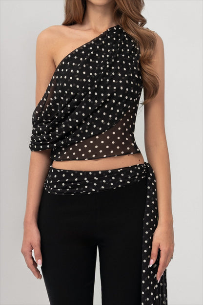 Polka Dot One Shoulder Sheer Chiffon Crop Top