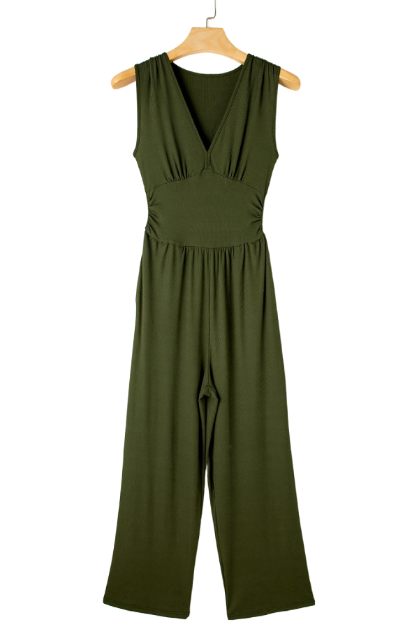 Moss Green Sleeveless V Neck Ruched Wide Leg Jumpsuit