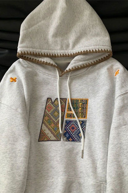 Crochet Trim Graphic Pullover Fleece Hoodie