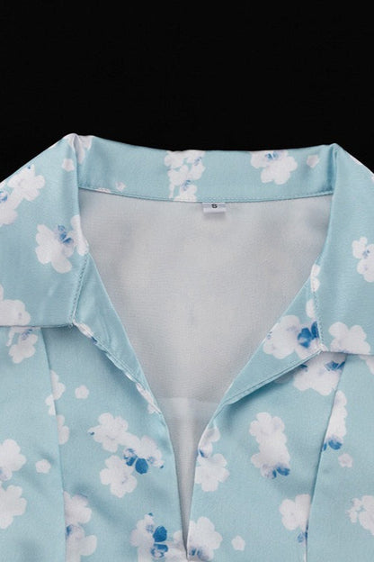 Satin Floral Collar Long Sleeve Floral Dress