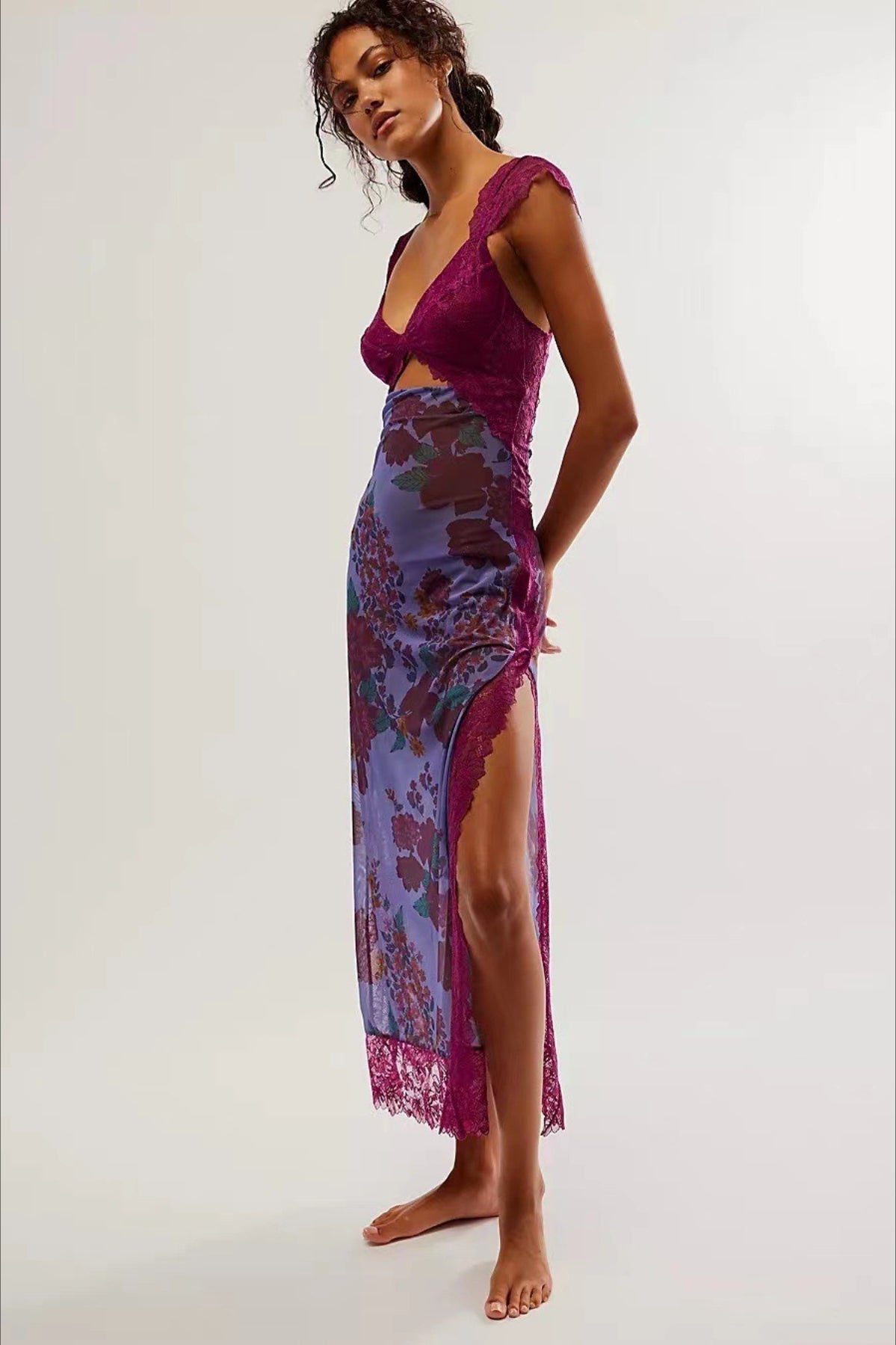 Lace Patchwork Strap Backless Slit Maxi Floral Dress