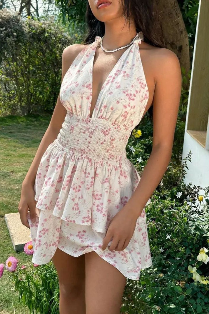 Double Layer Ruffle Strap Backless Mini Floral Dress