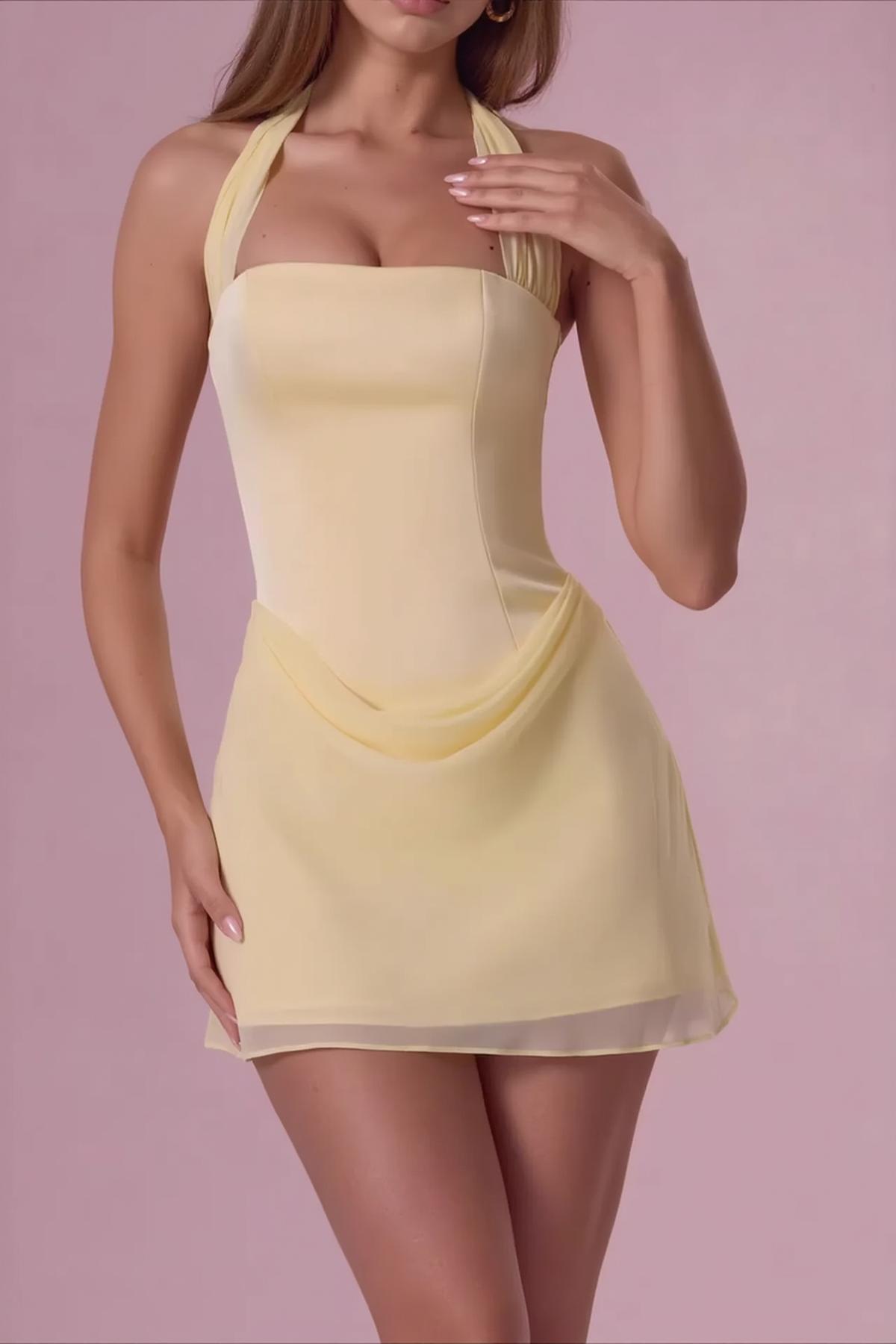Chiffon Halter Low Cut Tie Waist Bodycon Party Dress
