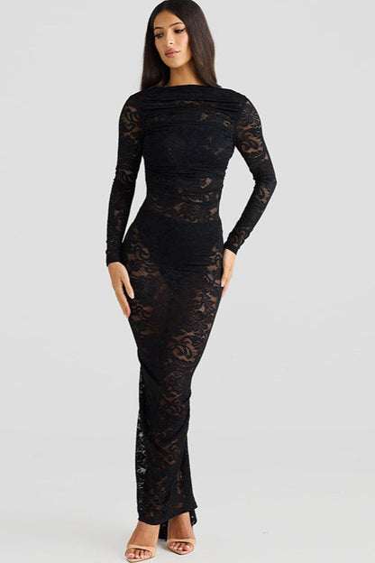 Open Back Long Sleeve Floral Lace Illusion Overlay Bodycon Maxi Dress