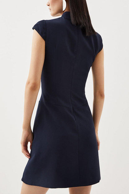 Cap Sleeve Mock Neck Pleated Panel Asymmetrical Mini Dress