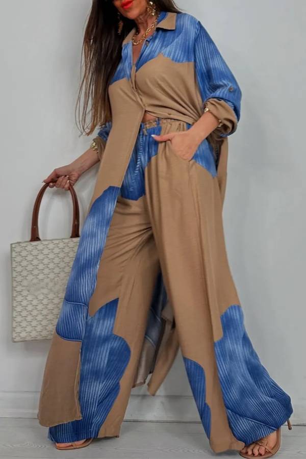 Color Block Vertical Stripe Print Long Shirt Cardigan & Elastic Waist Wide Leg Pants 2 Piece Set