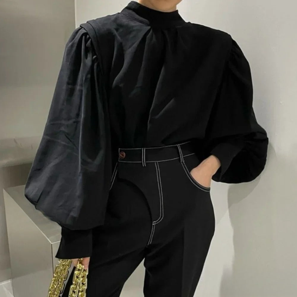 Black Lantern Sleeve Button-Up Blouse