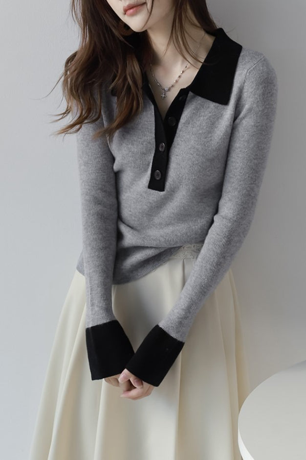 Polo Collar Contrast Cuff Knit Top