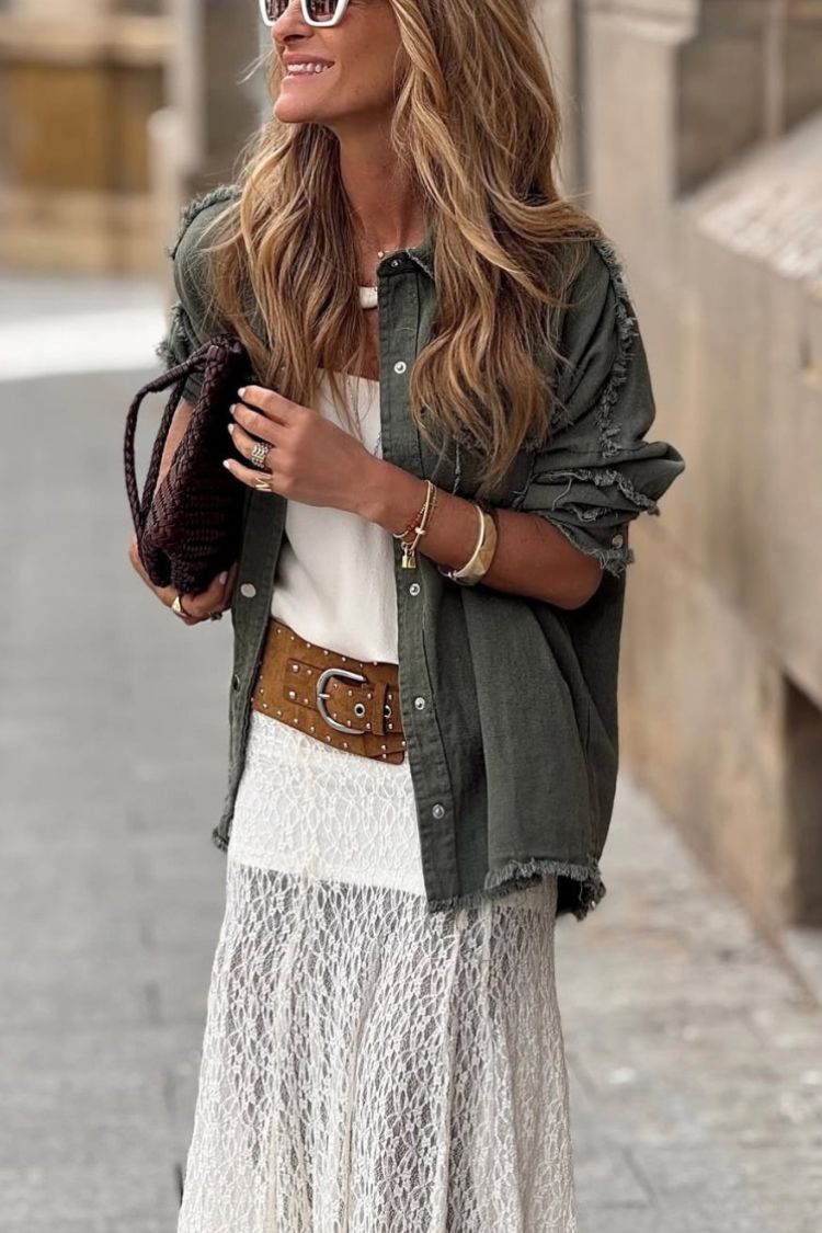 Khaki Green Denim Overshirt with Pink Crochet Mandala