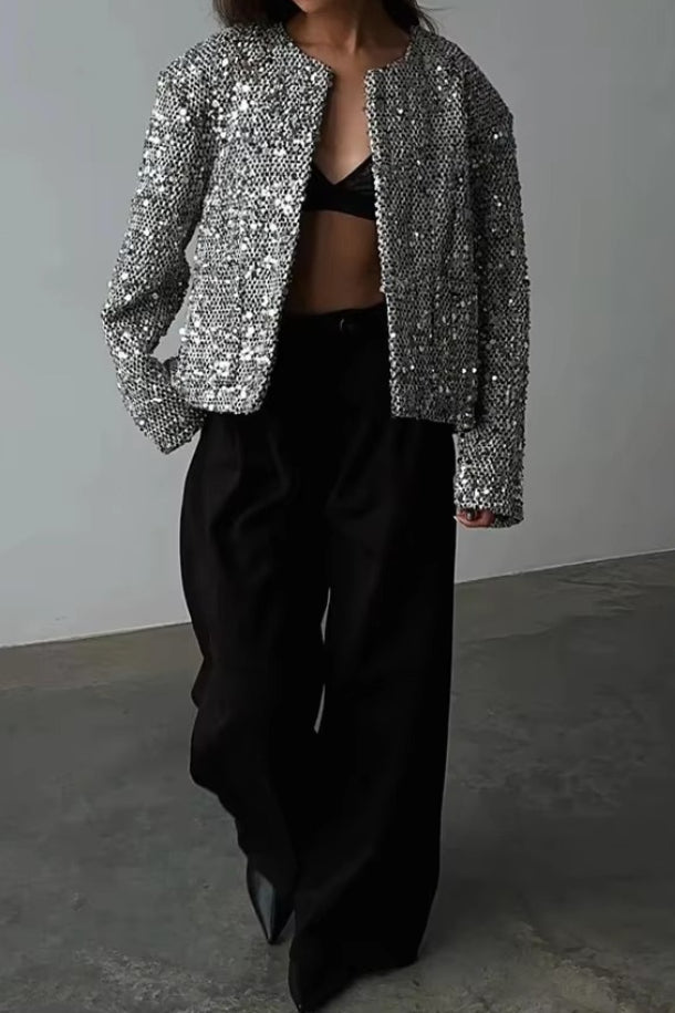 Solid Crew Neck Sequin Tweed Jacket