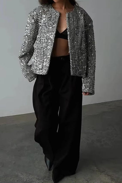Solid Crew Neck Sequin Tweed Jacket