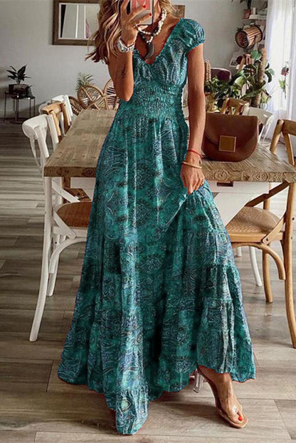 Paisley Print Ruffle V Neck Smocked Waist Tiered Maxi Dress