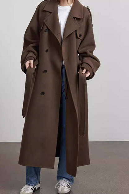 Notched Lapel Long Wool Cinch Belt Overcoat