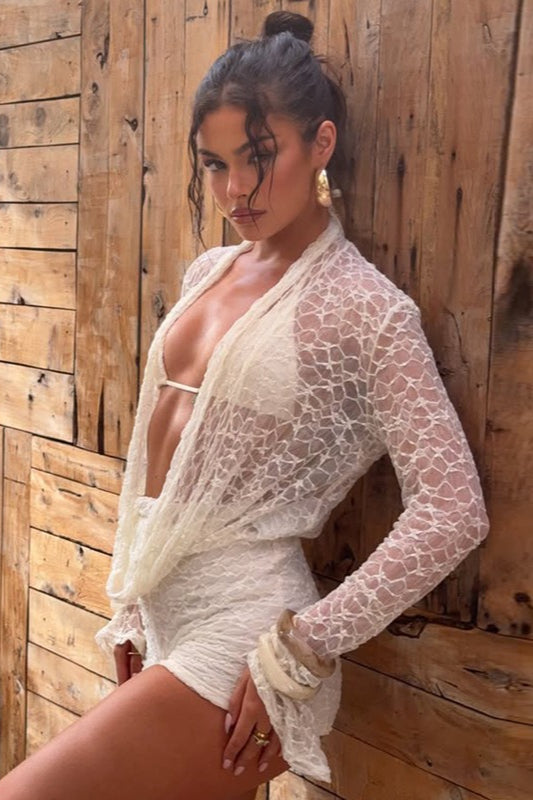 Plunge Neck Cutout Lace Sleeve Bodysuit Shorts Set