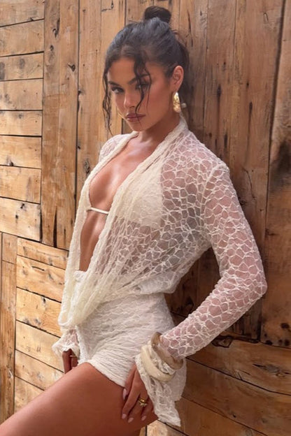 Plunge Neck Cutout Lace Sleeve Bodysuit Shorts Set