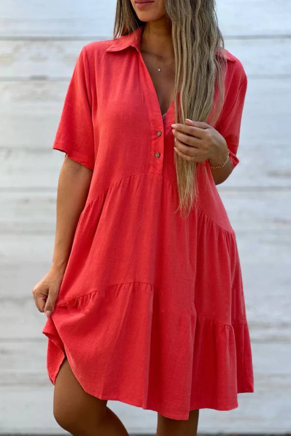 Linen-Blend Shirt Collar Half-Placket Tiered Dress