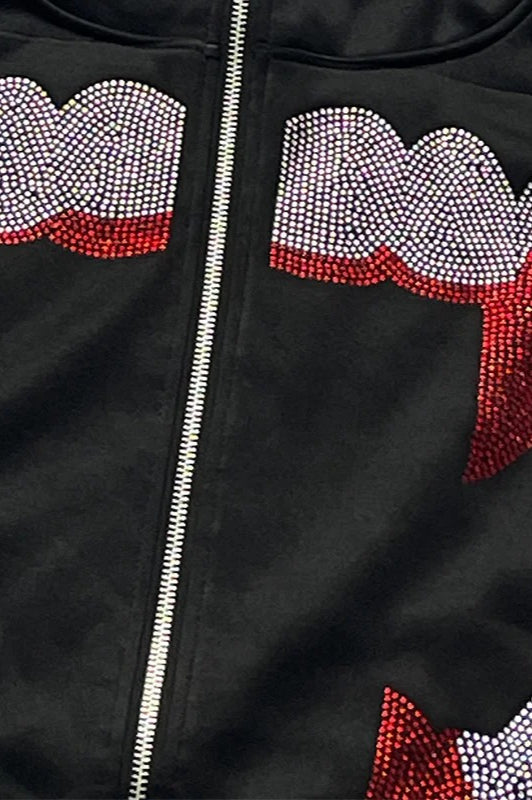 Rhinestone Zip Up Gothic Hoodie