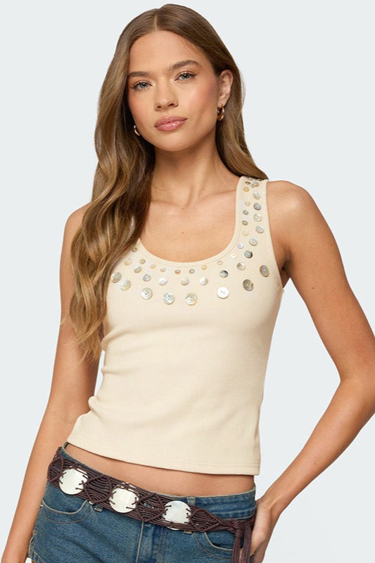 Sequin Button Ribbed Sleeveless Crop Top