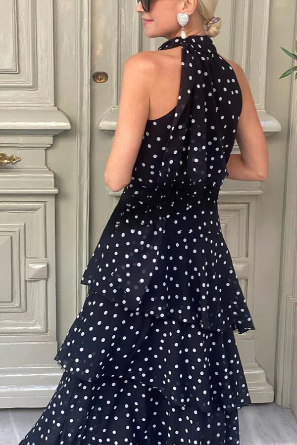Cabana Date Polka Dot Print Halter Bow Neck Tiered Maxi Dress
