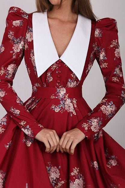 Flared Vintage Print Slim Waist Floral Maxi Dress
