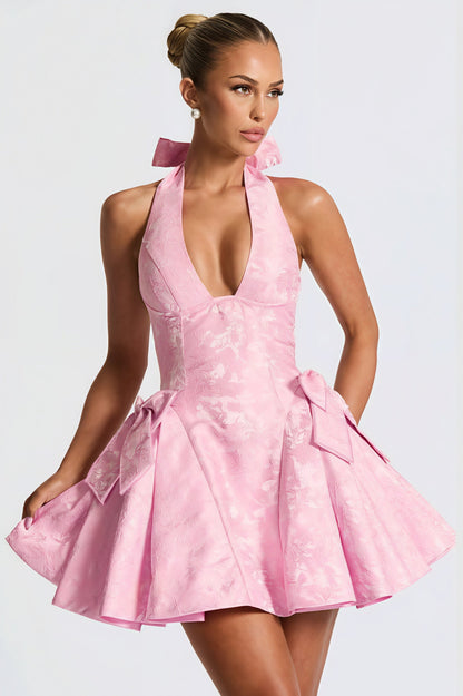 Sexy Halter V Neck Jacquard Mini Dress