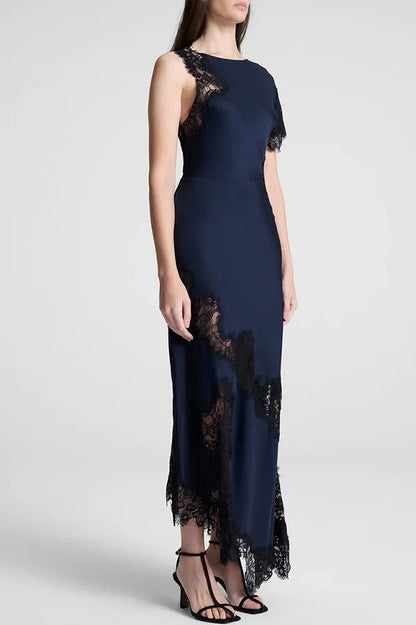 Paris Dream Satin Lace Trim Irregular Design Drape Maxi Dress