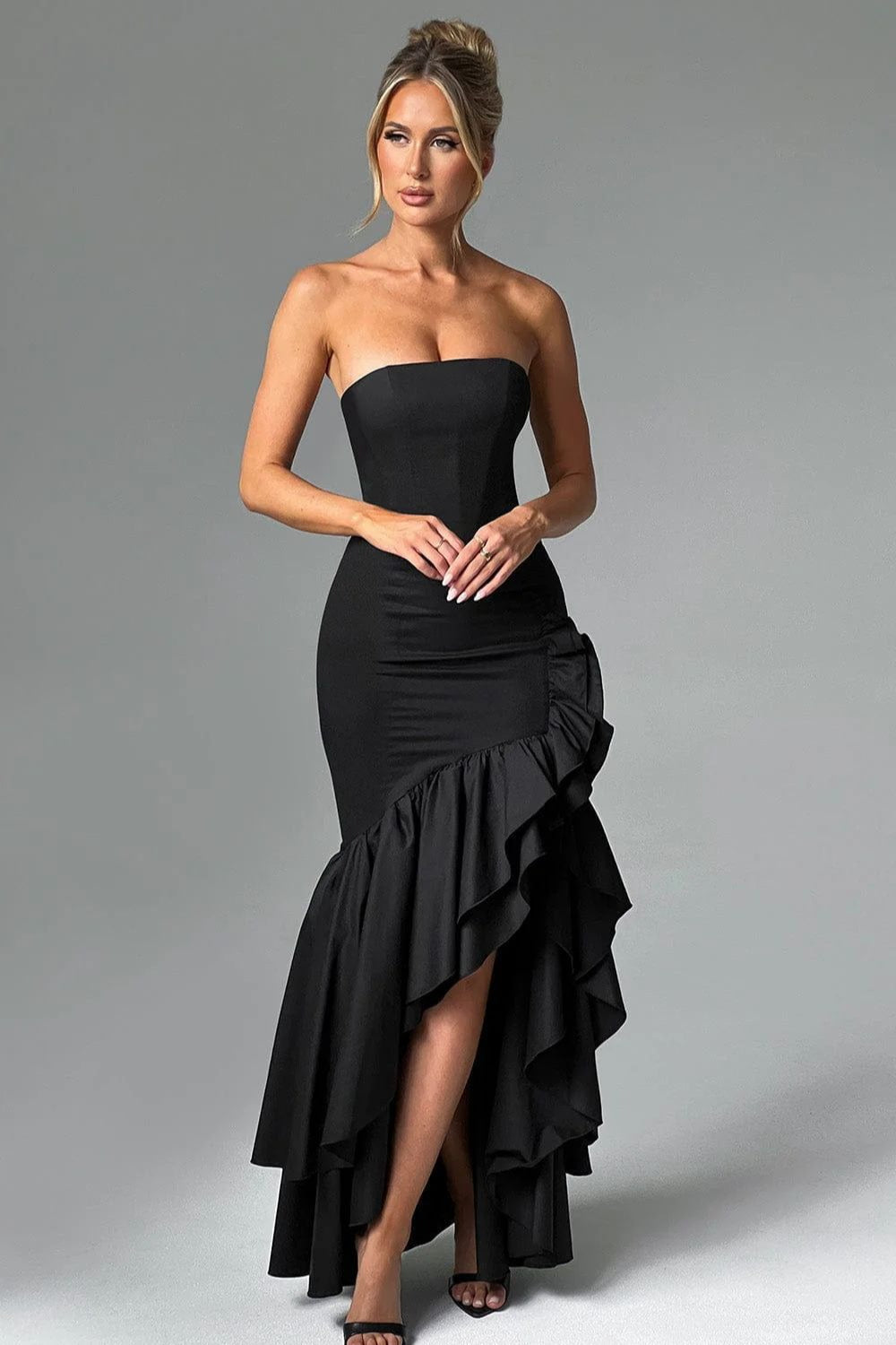 Elegant Strapless Slit Backless Maxi Birthday Dress