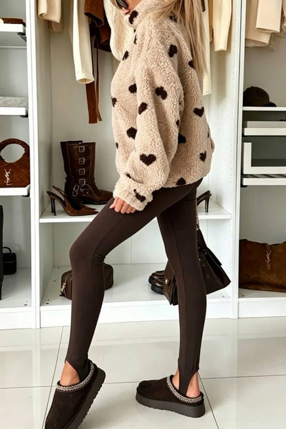 Playful Heart Pattern Teddy Bear Fleece Material Contrast Color Long Sleeve Pocket Zipper Coat