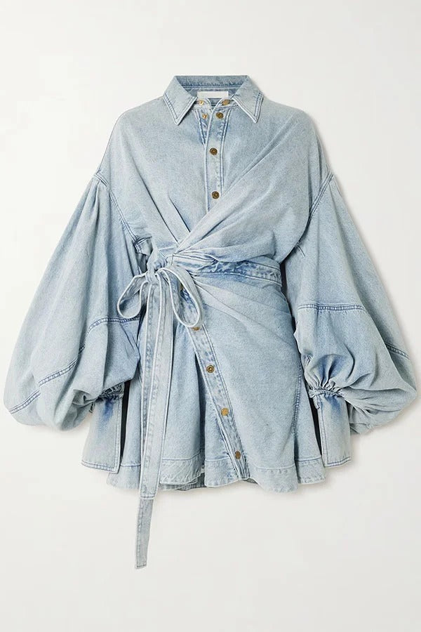 Yaron Denim Button Twisted Shape Wrap Long Balloon Sleeve Shirt Mini Dress