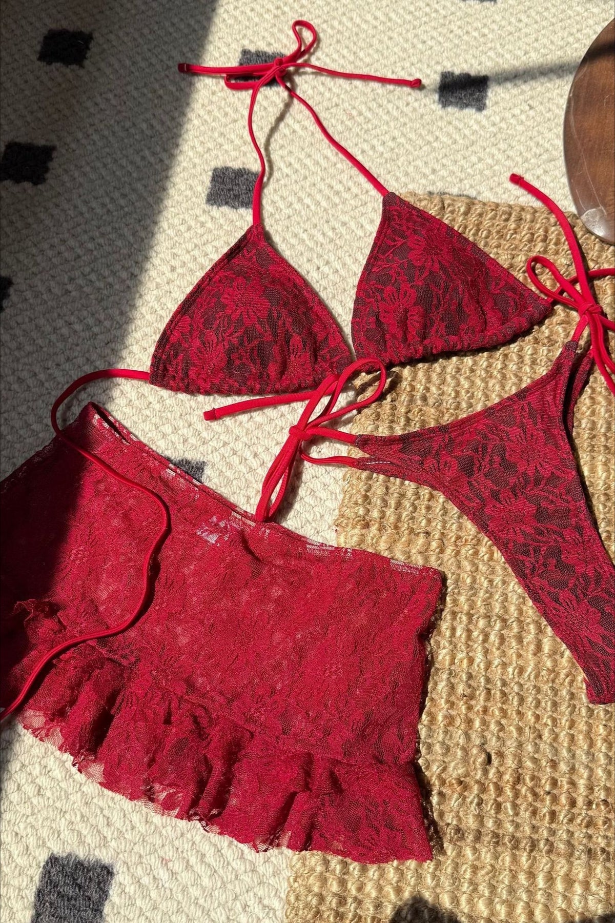Lace Cutout Halter Tie Three Piece Swim Set