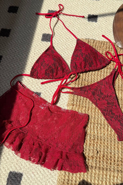 Lace Cutout Halter Tie Three Piece Swim Set