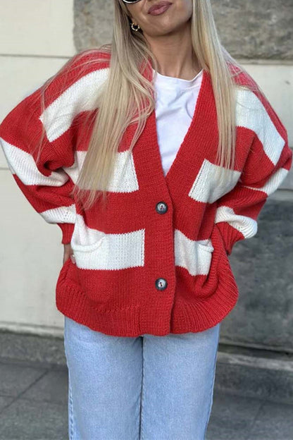 Casual V-neck Long-sleeved Striped Pocket Knitted Cardigan