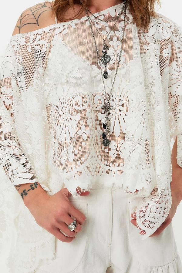 Boho Floral Cutout Lace Cape Cover Up Top