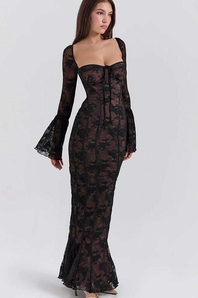 Square Collar Long Sleeve Maxi Dress