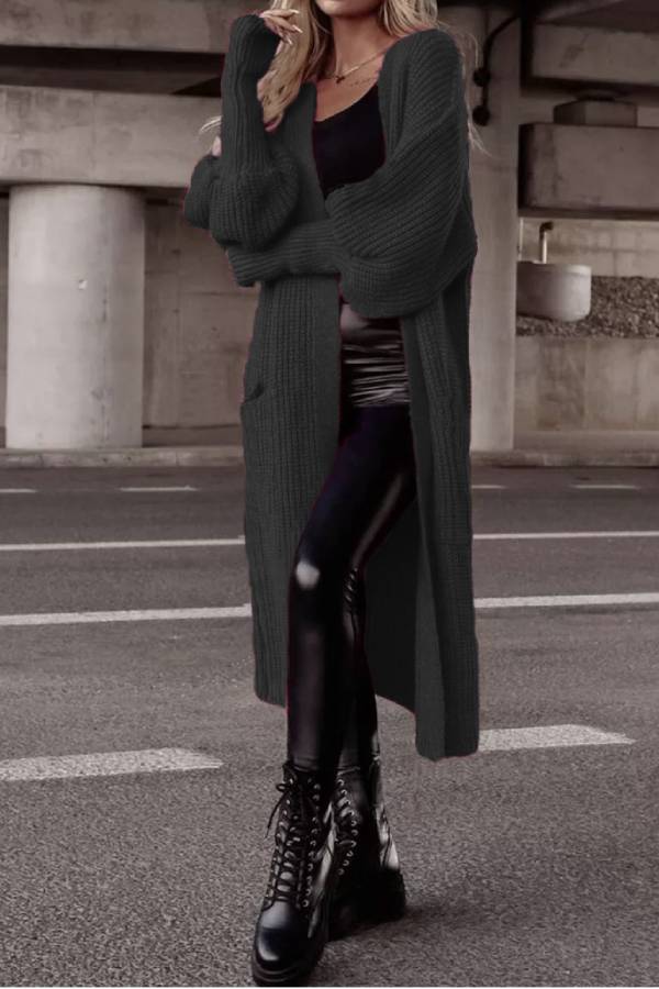 Lantern sleeve loose long knit cardigan