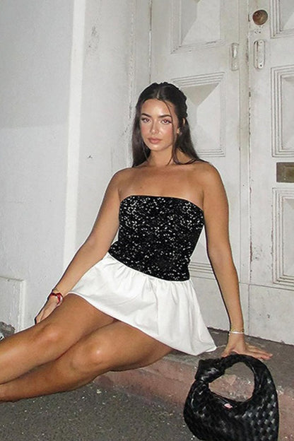 Off Shoulder Strapless Mini Sequin Sequin Dress