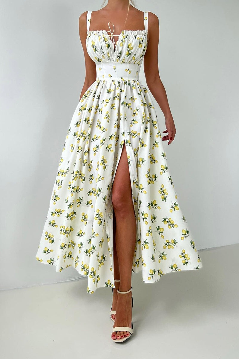 Low Neck Strap High Waist Slit Floral Dress