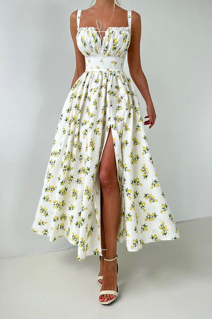 Low Neck Strap High Waist Slit Floral Dress