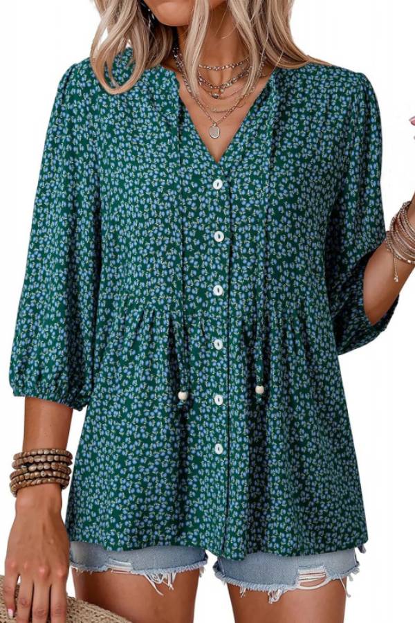 Boho Printed Tie V‑Neck Peplum Blouse